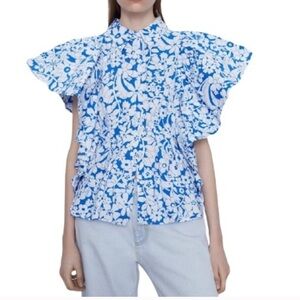 Zara Floral Printed Poplin Flutter Statement Sleeves Top Size xSmall
